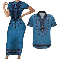 Blue African Dashiki With Fijian Tapa Pattern Couples Matching Short Sleeve Bodycon Dress and Hawaiian Shirt LT14 Blue - Polynesian Pride
