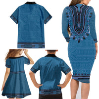 Blue African Dashiki With Fijian Tapa Pattern Family Matching Long Sleeve Bodycon Dress and Hawaiian Shirt LT14 - Polynesian Pride