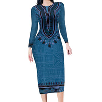 Blue African Dashiki With Fijian Tapa Pattern Family Matching Long Sleeve Bodycon Dress and Hawaiian Shirt LT14 Mom's Dress Blue - Polynesian Pride