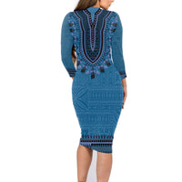 Blue African Dashiki With Fijian Tapa Pattern Family Matching Long Sleeve Bodycon Dress and Hawaiian Shirt LT14 - Polynesian Pride