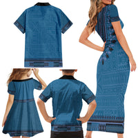 Blue African Dashiki With Fijian Tapa Pattern Family Matching Short Sleeve Bodycon Dress and Hawaiian Shirt LT14 - Polynesian Pride