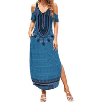 Blue African Dashiki With Fijian Tapa Pattern Family Matching Summer Maxi Dress and Hawaiian Shirt LT14 Mom's Dress Blue - Polynesian Pride