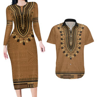 Brown African Dashiki With Fijian Tapa Pattern Couples Matching Long Sleeve Bodycon Dress and Hawaiian Shirt LT14 Brown - Polynesian Pride