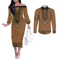 Brown African Dashiki With Fijian Tapa Pattern Couples Matching Off The Shoulder Long Sleeve Dress and Long Sleeve Button Shirt LT14 Brown - Polynesian Pride