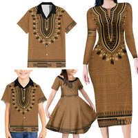 Brown African Dashiki With Fijian Tapa Pattern Family Matching Long Sleeve Bodycon Dress and Hawaiian Shirt LT14 - Polynesian Pride