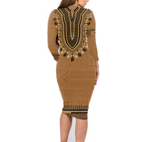 Brown African Dashiki With Fijian Tapa Pattern Family Matching Long Sleeve Bodycon Dress and Hawaiian Shirt LT14 - Polynesian Pride
