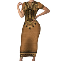 Brown African Dashiki With Fijian Tapa Pattern Family Matching Short Sleeve Bodycon Dress and Hawaiian Shirt LT14 Mom's Dress Brown - Polynesian Pride
