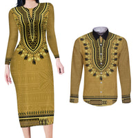 Gold African Dashiki With Fijian Tapa Pattern Couples Matching Long Sleeve Bodycon Dress and Long Sleeve Button Shirt LT14 Gold - Polynesian Pride