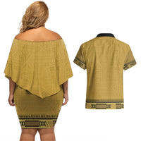 Gold African Dashiki With Fijian Tapa Pattern Couples Matching Off Shoulder Short Dress and Hawaiian Shirt LT14 - Polynesian Pride