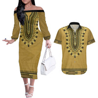 Gold African Dashiki With Fijian Tapa Pattern Couples Matching Off The Shoulder Long Sleeve Dress and Hawaiian Shirt LT14 Gold - Polynesian Pride