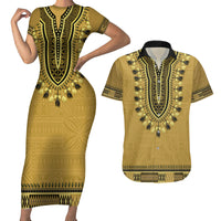 Gold African Dashiki With Fijian Tapa Pattern Couples Matching Short Sleeve Bodycon Dress and Hawaiian Shirt LT14 Gold - Polynesian Pride