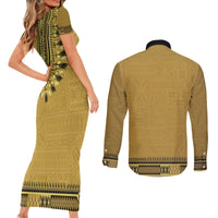 Gold African Dashiki With Fijian Tapa Pattern Couples Matching Short Sleeve Bodycon Dress and Long Sleeve Button Shirt LT14 - Polynesian Pride