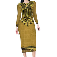 Gold African Dashiki With Fijian Tapa Pattern Family Matching Long Sleeve Bodycon Dress and Hawaiian Shirt LT14 Mom's Dress Gold - Polynesian Pride