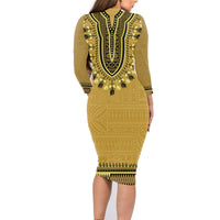 Gold African Dashiki With Fijian Tapa Pattern Family Matching Long Sleeve Bodycon Dress and Hawaiian Shirt LT14 - Polynesian Pride
