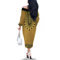 Gold African Dashiki With Fijian Tapa Pattern Family Matching Off The Shoulder Long Sleeve Dress and Hawaiian Shirt LT14 - Polynesian Pride