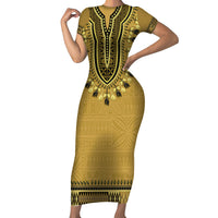 Gold African Dashiki With Fijian Tapa Pattern Family Matching Short Sleeve Bodycon Dress and Hawaiian Shirt LT14 Mom's Dress Gold - Polynesian Pride
