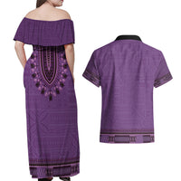 Purple African Dashiki With Fijian Tapa Pattern Couples Matching Off Shoulder Maxi Dress and Hawaiian Shirt LT14 - Polynesian Pride