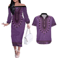 Purple African Dashiki With Fijian Tapa Pattern Couples Matching Off The Shoulder Long Sleeve Dress and Hawaiian Shirt LT14 Purple - Polynesian Pride