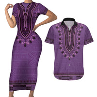 Purple African Dashiki With Fijian Tapa Pattern Couples Matching Short Sleeve Bodycon Dress and Hawaiian Shirt LT14 Purple - Polynesian Pride