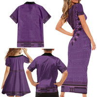 Purple African Dashiki With Fijian Tapa Pattern Family Matching Short Sleeve Bodycon Dress and Hawaiian Shirt LT14 - Polynesian Pride
