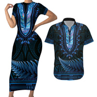 Blue African Dashiki With Aotearoa Maori Couples Matching Short Sleeve Bodycon Dress and Hawaiian Shirt Paua Shell Mix Silver Fern LT14 Blue - Polynesian Pride
