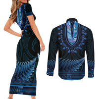 Blue African Dashiki With Aotearoa Maori Couples Matching Short Sleeve Bodycon Dress and Long Sleeve Button Shirt Paua Shell Mix Silver Fern LT14 - Polynesian Pride