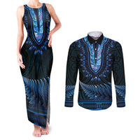 Blue African Dashiki With Aotearoa Maori Couples Matching Tank Maxi Dress and Long Sleeve Button Shirt Paua Shell Mix Silver Fern LT14 Blue - Polynesian Pride