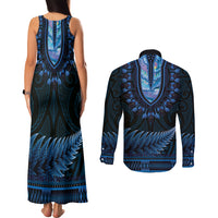 Blue African Dashiki With Aotearoa Maori Couples Matching Tank Maxi Dress and Long Sleeve Button Shirt Paua Shell Mix Silver Fern LT14 - Polynesian Pride