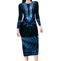 Blue African Dashiki With Aotearoa Maori Family Matching Long Sleeve Bodycon Dress and Hawaiian Shirt Paua Shell Mix Silver Fern LT14 Mom's Dress Blue - Polynesian Pride