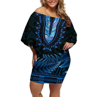 Blue African Dashiki With Aotearoa Maori Family Matching Off Shoulder Short Dress and Hawaiian Shirt Paua Shell Mix Silver Fern LT14 Mom's Dress Blue - Polynesian Pride