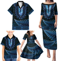 Blue African Dashiki With Aotearoa Maori Family Matching Puletasi and Hawaiian Shirt Paua Shell Mix Silver Fern LT14 - Polynesian Pride