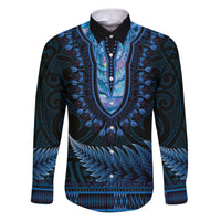Blue African Dashiki With Aotearoa Maori Family Matching Puletasi and Hawaiian Shirt Paua Shell Mix Silver Fern LT14 Dad's Shirt - Long Sleeve Blue - Polynesian Pride