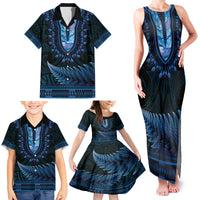 Blue African Dashiki With Aotearoa Maori Family Matching Tank Maxi Dress and Hawaiian Shirt Paua Shell Mix Silver Fern LT14 - Polynesian Pride