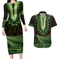 Lime Green African Dashiki With Aotearoa Maori Couples Matching Long Sleeve Bodycon Dress and Hawaiian Shirt Paua Shell Mix Silver Fern LT14 Lime Green - Polynesian Pride