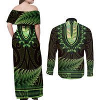 Lime Green African Dashiki With Aotearoa Maori Couples Matching Off Shoulder Maxi Dress and Long Sleeve Button Shirt Paua Shell Mix Silver Fern LT14 - Polynesian Pride