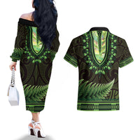 Lime Green African Dashiki With Aotearoa Maori Couples Matching Off The Shoulder Long Sleeve Dress and Hawaiian Shirt Paua Shell Mix Silver Fern LT14 - Polynesian Pride