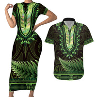 Lime Green African Dashiki With Aotearoa Maori Couples Matching Short Sleeve Bodycon Dress and Hawaiian Shirt Paua Shell Mix Silver Fern LT14 Lime Green - Polynesian Pride