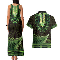 Lime Green African Dashiki With Aotearoa Maori Couples Matching Tank Maxi Dress and Hawaiian Shirt Paua Shell Mix Silver Fern LT14 - Polynesian Pride