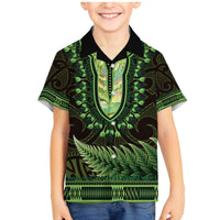 Lime Green African Dashiki With Aotearoa Maori Family Matching Mermaid Dress and Hawaiian Shirt Paua Shell Mix Silver Fern LT14 Son's Shirt Lime Green - Polynesian Pride