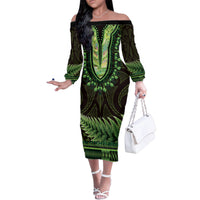 Lime Green African Dashiki With Aotearoa Maori Family Matching Off The Shoulder Long Sleeve Dress and Hawaiian Shirt Paua Shell Mix Silver Fern LT14 Mom's Dress Lime Green - Polynesian Pride