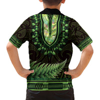 Lime Green African Dashiki With Aotearoa Maori Family Matching Off Shoulder Maxi Dress and Hawaiian Shirt Paua Shell Mix Silver Fern