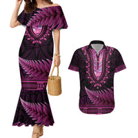 Pink African Dashiki With Aotearoa Maori Couples Matching Mermaid Dress and Hawaiian Shirt Paua Shell Mix Silver Fern LT14 Pink - Polynesian Pride