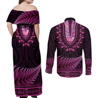 Pink African Dashiki With Aotearoa Maori Couples Matching Off Shoulder Maxi Dress and Long Sleeve Button Shirt Paua Shell Mix Silver Fern LT14 - Polynesian Pride