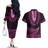 Pink African Dashiki With Aotearoa Maori Couples Matching Off The Shoulder Long Sleeve Dress and Hawaiian Shirt Paua Shell Mix Silver Fern LT14 - Polynesian Pride