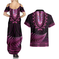 Pink African Dashiki With Aotearoa Maori Couples Matching Summer Maxi Dress and Hawaiian Shirt Paua Shell Mix Silver Fern LT14 - Polynesian Pride