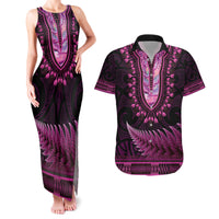 Pink African Dashiki With Aotearoa Maori Couples Matching Tank Maxi Dress and Hawaiian Shirt Paua Shell Mix Silver Fern LT14 Pink - Polynesian Pride