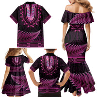 Pink African Dashiki With Aotearoa Maori Family Matching Mermaid Dress and Hawaiian Shirt Paua Shell Mix Silver Fern LT14 - Polynesian Pride
