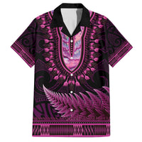 Pink African Dashiki With Aotearoa Maori Family Matching Off The Shoulder Long Sleeve Dress and Hawaiian Shirt Paua Shell Mix Silver Fern LT14 Dad's Shirt - Short Sleeve Pink - Polynesian Pride