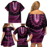 Pink African Dashiki With Aotearoa Maori Family Matching Off Shoulder Short Dress and Hawaiian Shirt Paua Shell Mix Silver Fern LT14 - Polynesian Pride