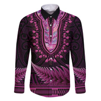 Pink African Dashiki With Aotearoa Maori Family Matching Off Shoulder Short Dress and Hawaiian Shirt Paua Shell Mix Silver Fern LT14 Dad's Shirt - Long Sleeve Pink - Polynesian Pride